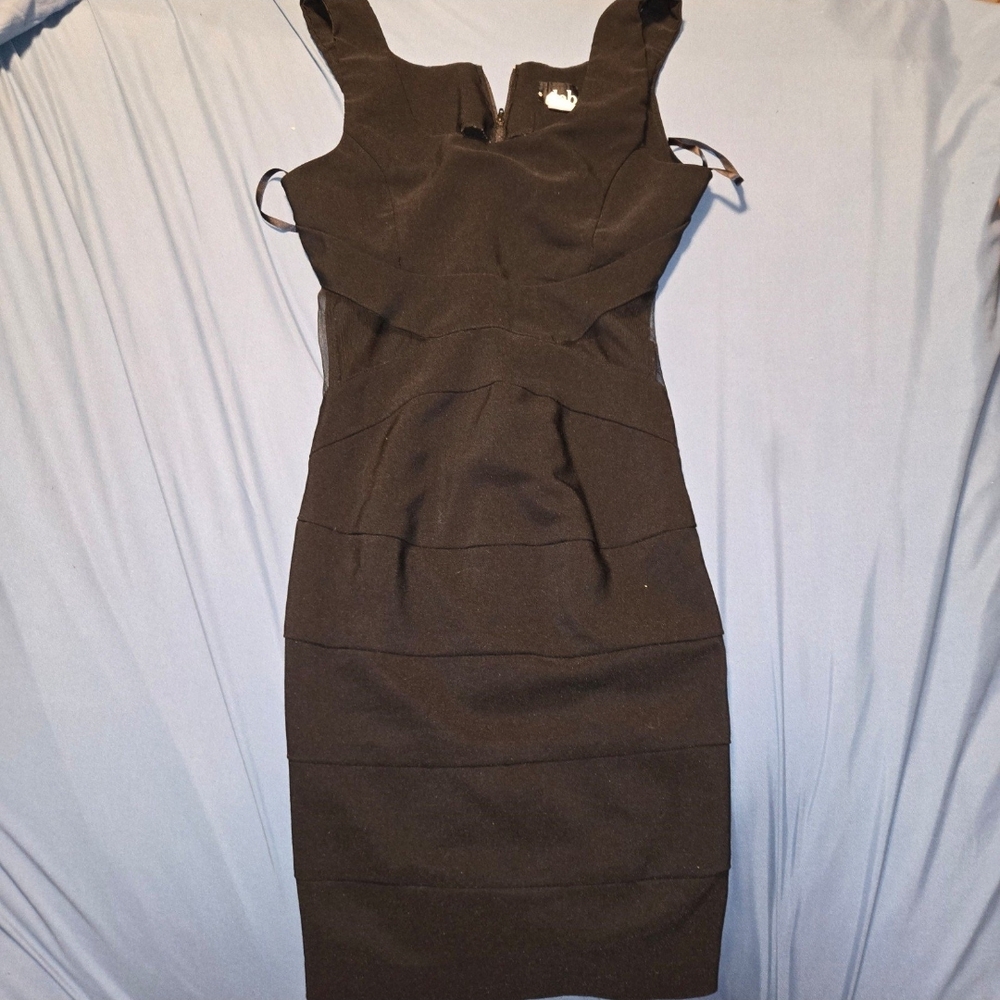 Deb Black Cocktail Sheath Dress Square Neck Midi